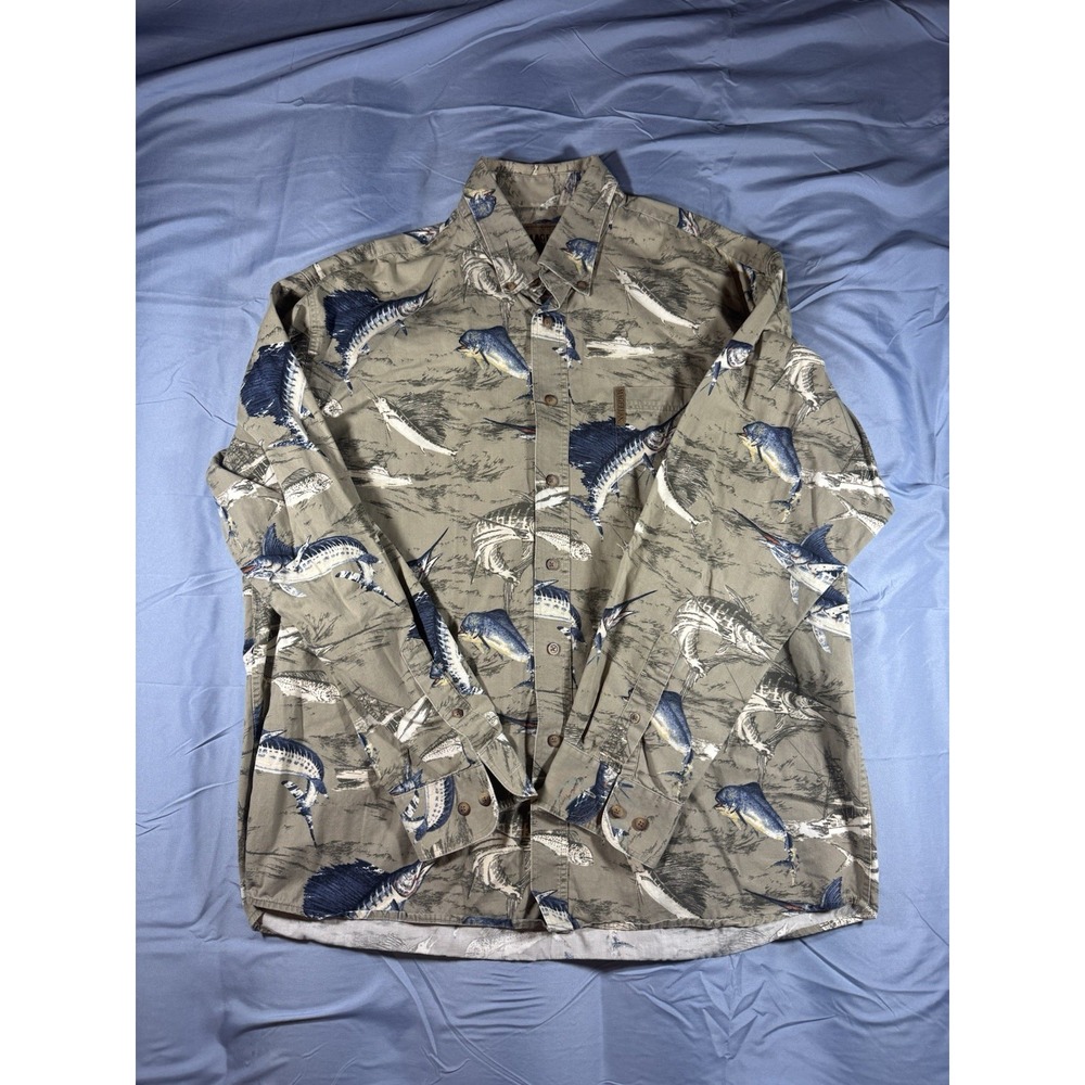 Magellan Outdoors Men's Swordfish Print Long Sleeve Button Up Size Large